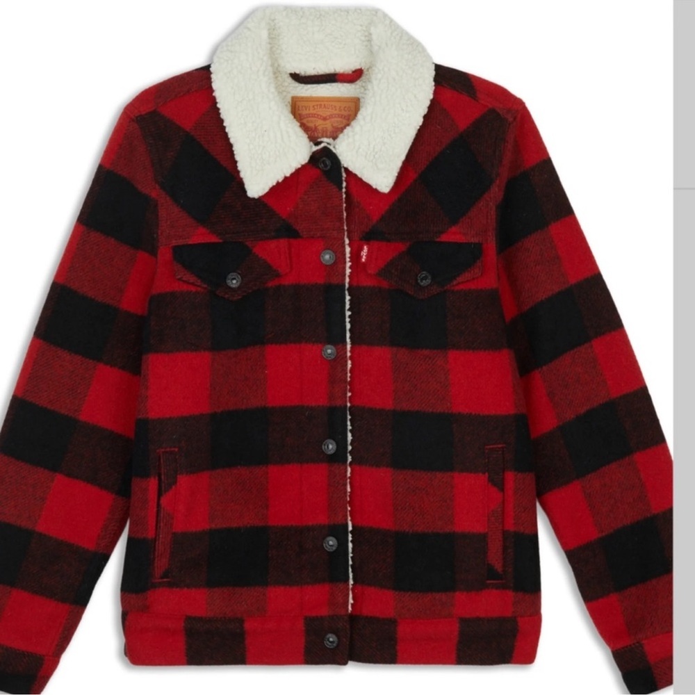 Levi Jeans Wool Sherpa Trucker Buffalo Plaid Jacket Size Medium